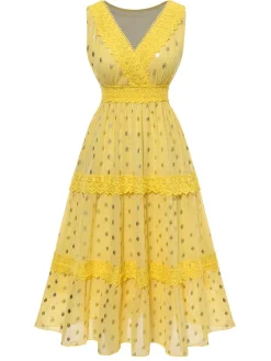 Online Retro Stage Yellow 1950s Lace Patchwork Polka Dots Dress Light Yellow