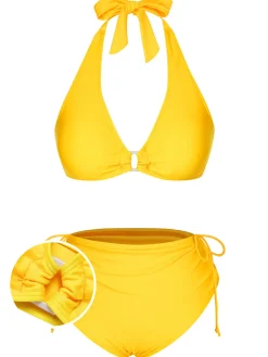 Discount Retro Stage 1970s Lace-Up Halter Bikini Set Yellow