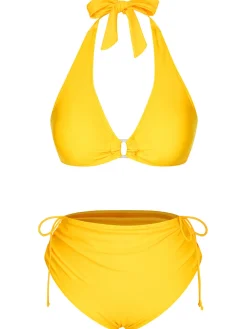 Discount Retro Stage 1970s Lace-Up Halter Bikini Set Yellow