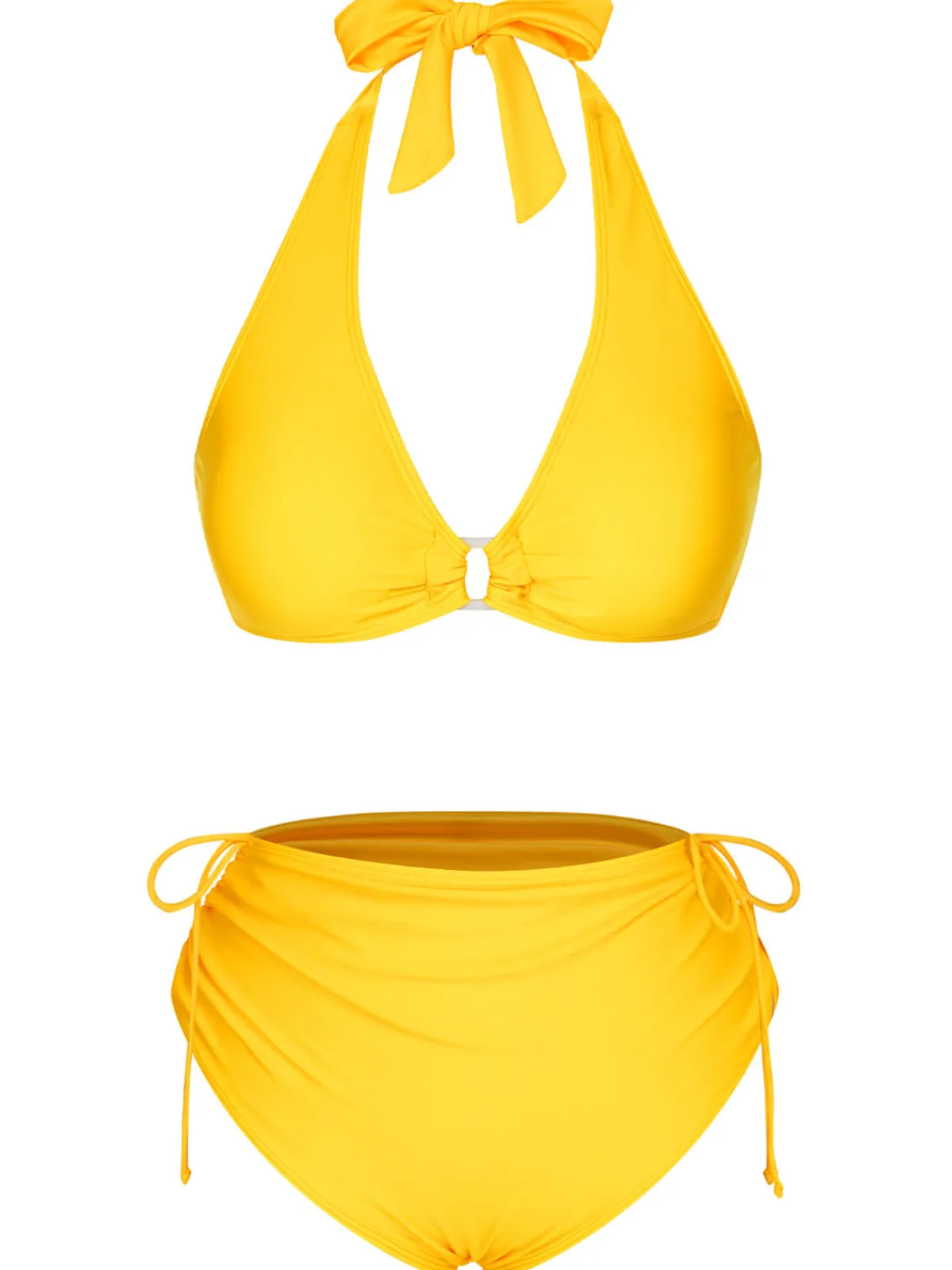 Discount Retro Stage 1970s Lace-Up Halter Bikini Set Yellow