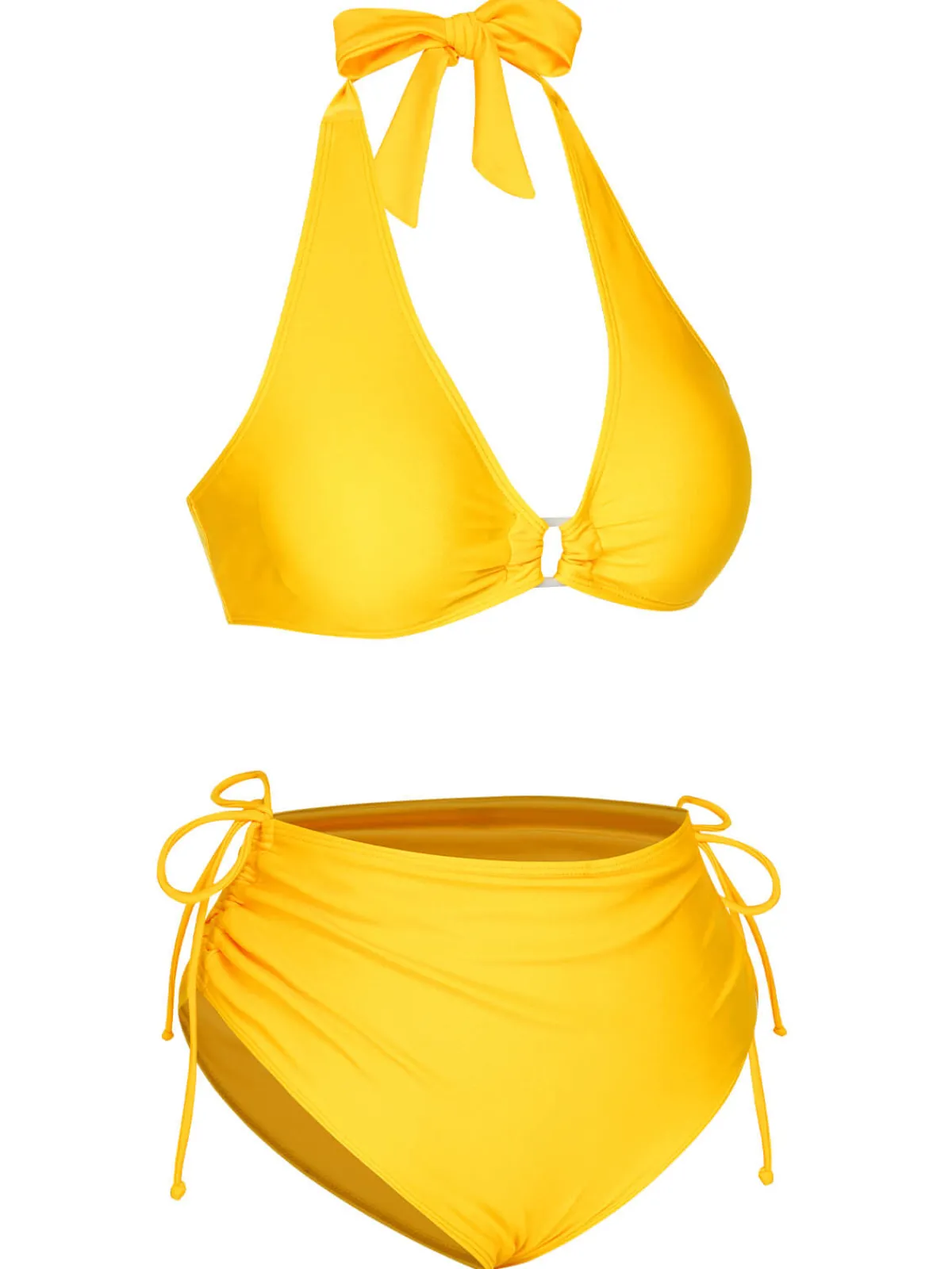 Discount Retro Stage 1970s Lace-Up Halter Bikini Set Yellow