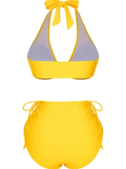 Discount Retro Stage 1970s Lace-Up Halter Bikini Set Yellow