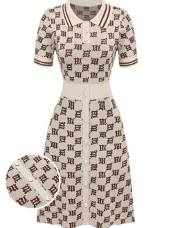 Clearance Retro Stage 1940s Lapel Plaid Buttoned Dress Yellow