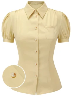Discount Retro Stage 1940s Lapel Puff Sleeve Solid Blouse Yellow