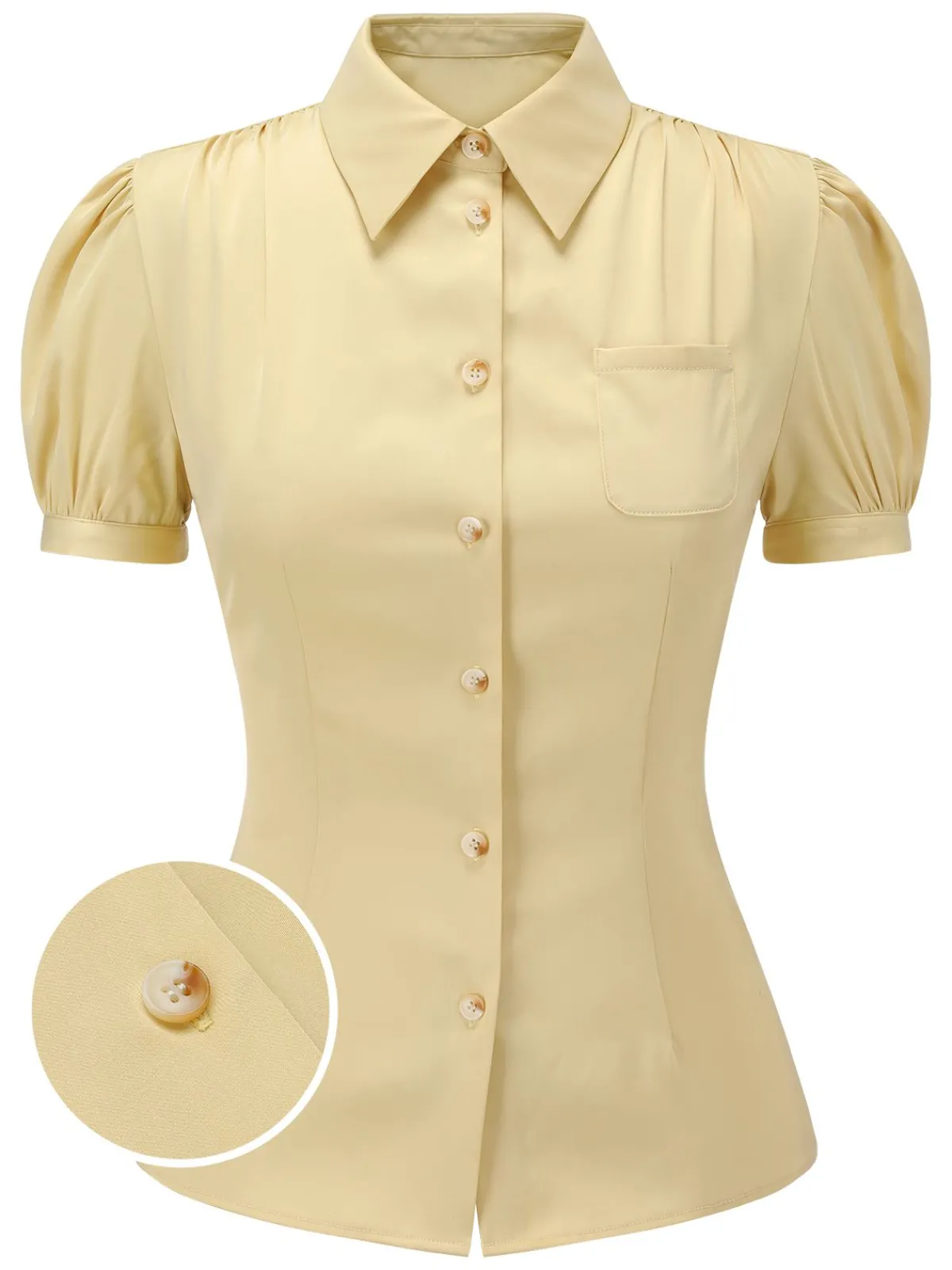 Discount Retro Stage 1940s Lapel Puff Sleeve Solid Blouse Yellow