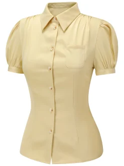 Discount Retro Stage 1940s Lapel Puff Sleeve Solid Blouse Yellow
