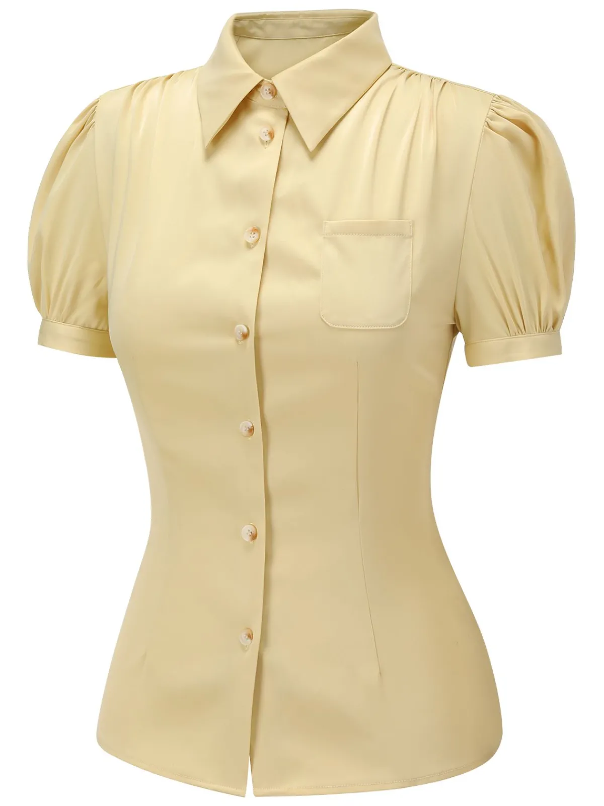 Discount Retro Stage 1940s Lapel Puff Sleeve Solid Blouse Yellow