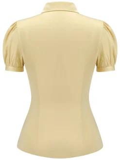 Discount Retro Stage 1940s Lapel Puff Sleeve Solid Blouse Yellow