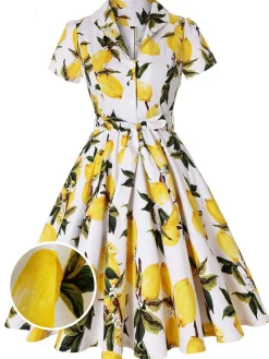 Best Retro Stage 1950s Lemon Bow Swing Dress Yellow