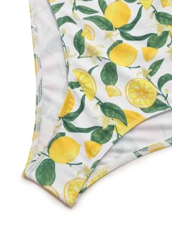 Fashion Retro Stage 1950s Lemon Print Bow One-Piece Swimsuit Yellow