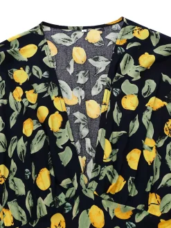 Fashion Retro Stage 1950s Lemon V-Neck Smocked Chiffon Dress Yellow