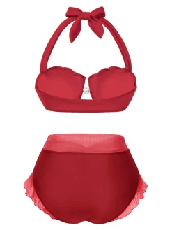 Best Retro Stage Yellow 1970s Mermaid Shell Halter Bikini Set