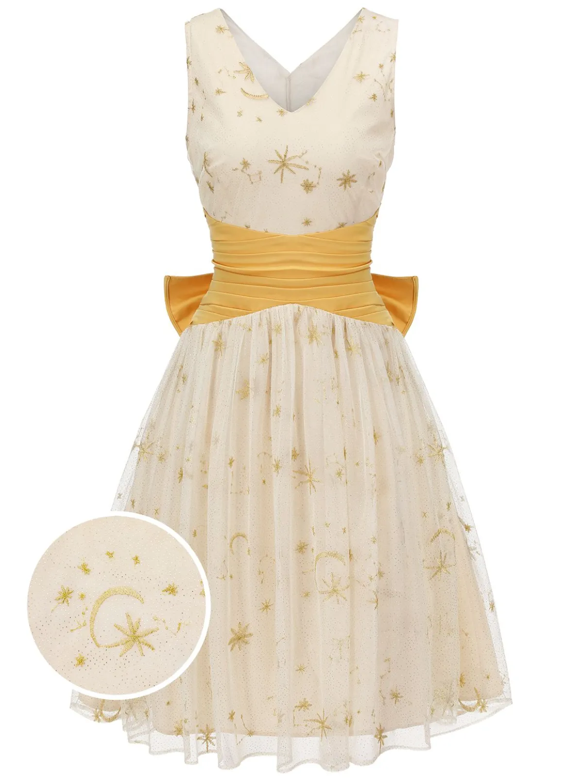 Fashion Retro Stage 1950s Mesh Patchwork Swing Dress Yellow