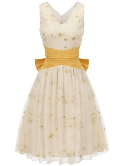 Fashion Retro Stage 1950s Mesh Patchwork Swing Dress Yellow