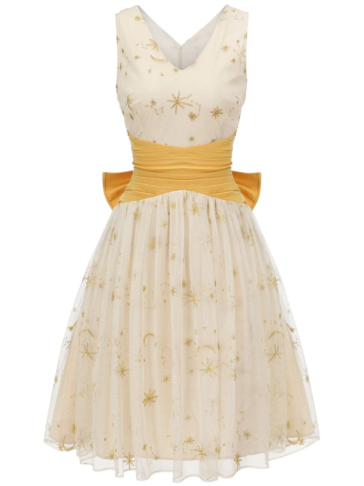 Fashion Retro Stage 1950s Mesh Patchwork Swing Dress Yellow