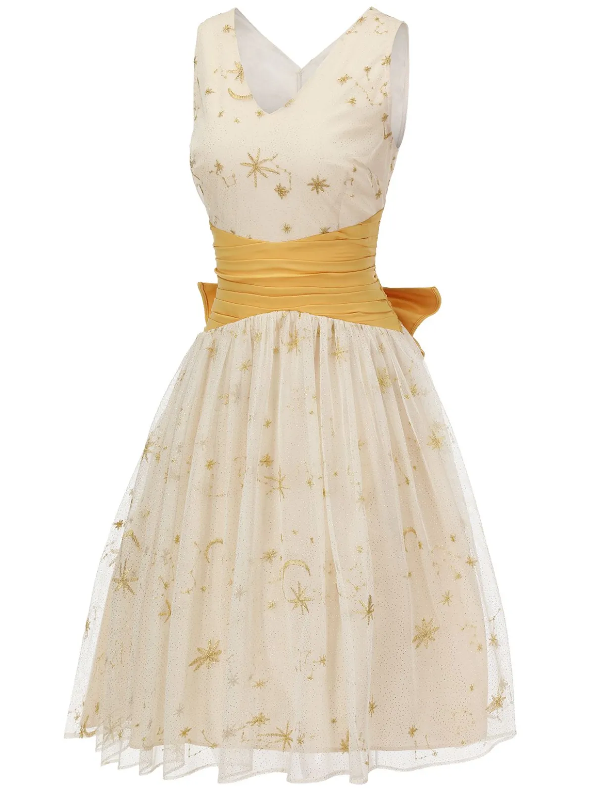 Fashion Retro Stage 1950s Mesh Patchwork Swing Dress Yellow