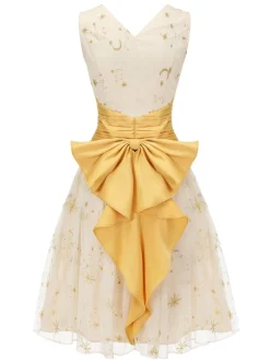 Fashion Retro Stage 1950s Mesh Patchwork Swing Dress Yellow