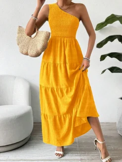 Hot Retro Stage 1930s One-Shoulder Smocked Tiered Dress Yellow