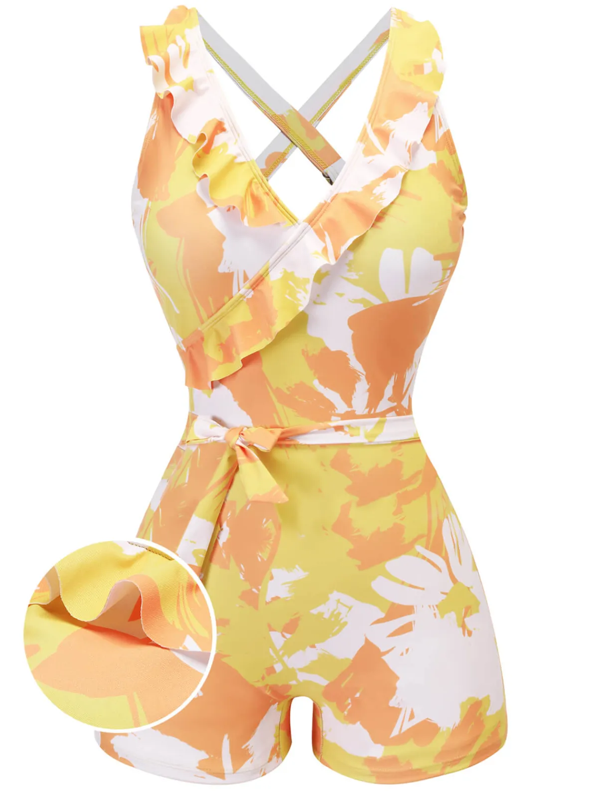 Fashion Retro Stage 1940s Painting Plants Lace-Up Swimsuit Yellow