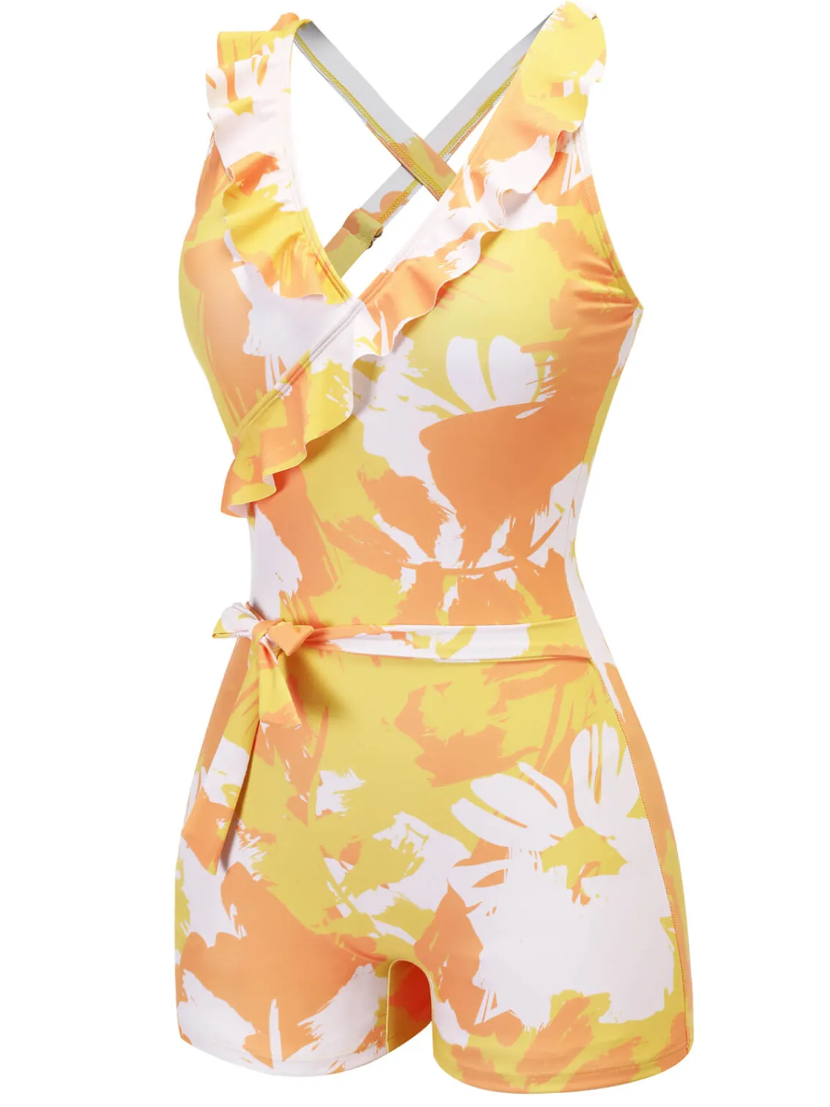 Fashion Retro Stage 1940s Painting Plants Lace-Up Swimsuit Yellow