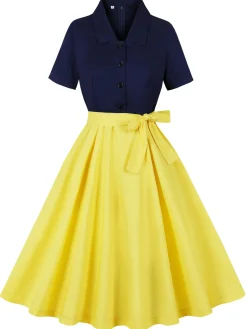 New Retro Stage 1950s Patchwork Shirt Collar Swing Dress Yellow