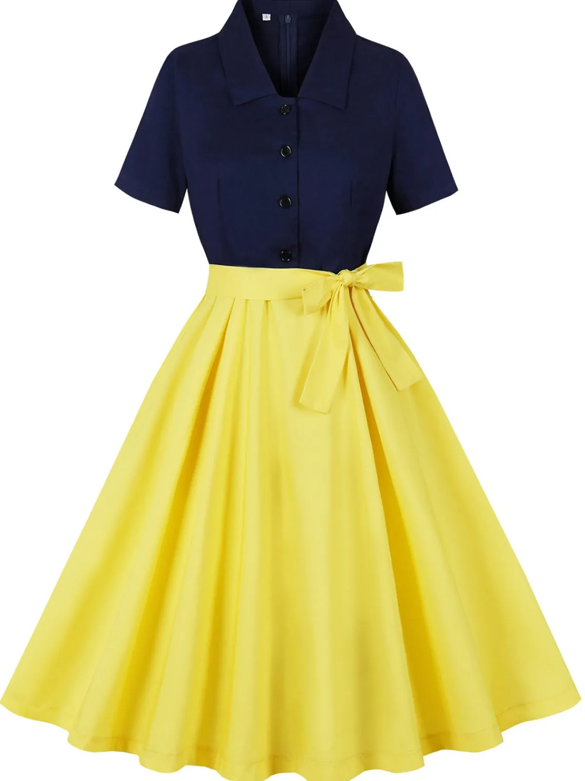 New Retro Stage 1950s Patchwork Shirt Collar Swing Dress Yellow