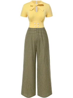 Hot Retro Stage 1930s Plaid Keyhole Tie Neck Jumpsuit Yellow