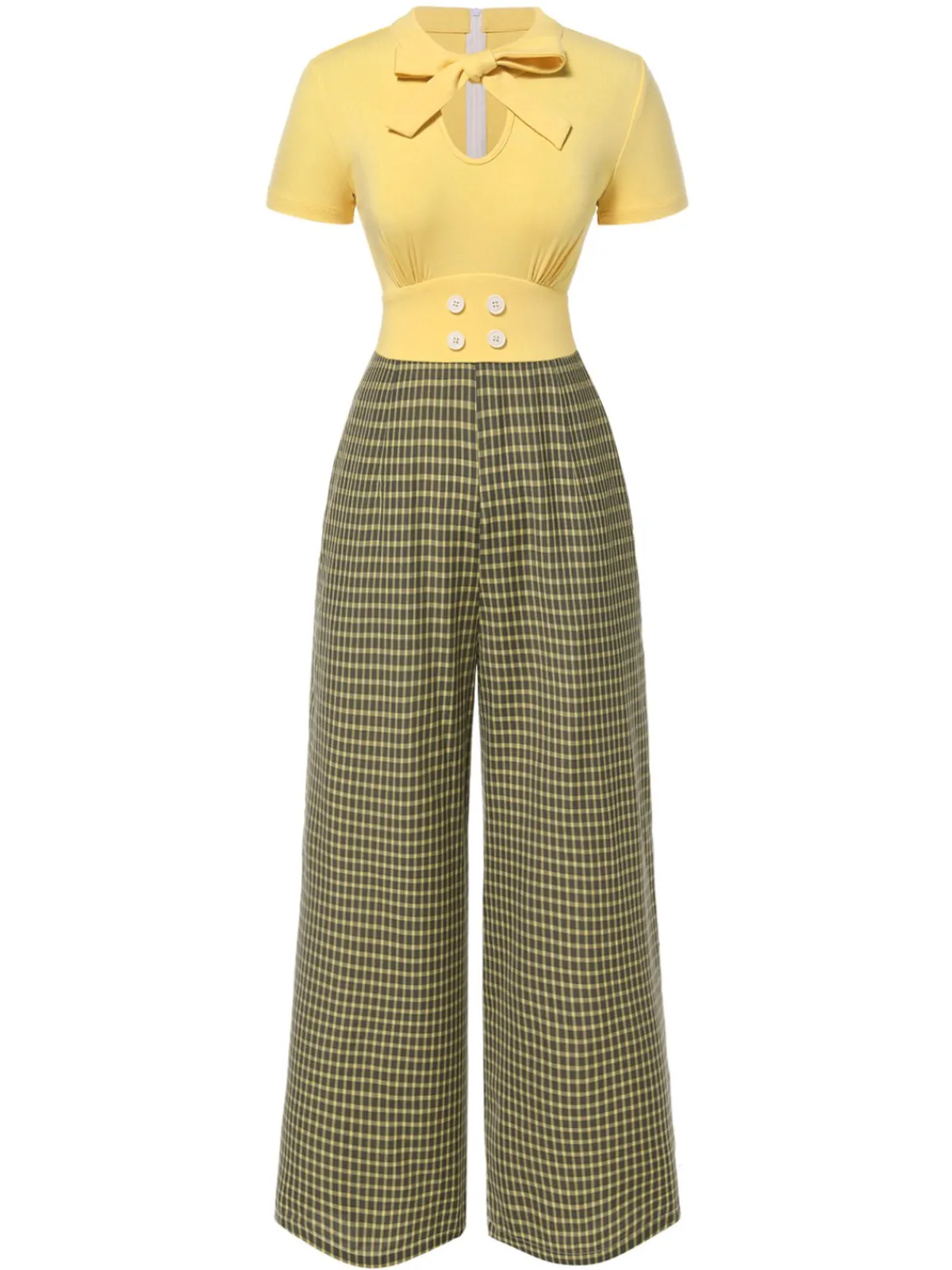 Hot Retro Stage 1930s Plaid Keyhole Tie Neck Jumpsuit Yellow