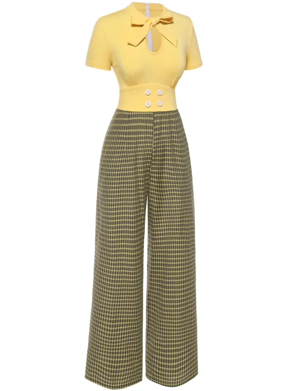 Hot Retro Stage 1930s Plaid Keyhole Tie Neck Jumpsuit Yellow