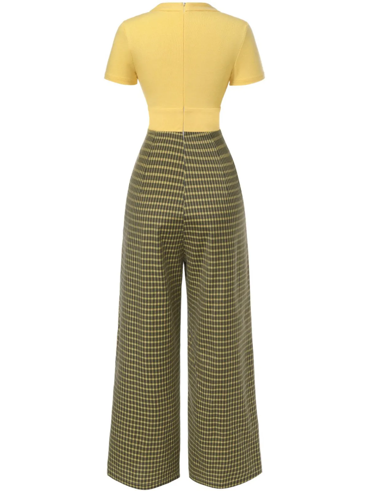 Hot Retro Stage 1930s Plaid Keyhole Tie Neck Jumpsuit Yellow