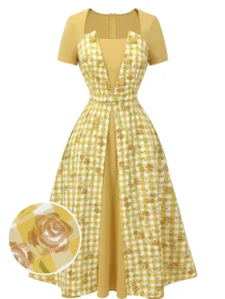 Online Retro Stage 1950s Plaid Rose Panel Raglan Dress Yellow