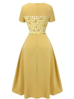 Online Retro Stage 1950s Plaid Rose Panel Raglan Dress Yellow