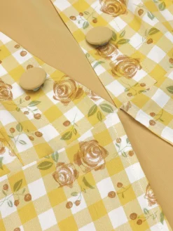 Online Retro Stage 1950s Plaid Rose Panel Raglan Dress Yellow