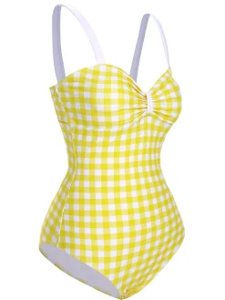 Sale Retro Stage 1950s Plaid Strap Pleated Swimsuit Yellow