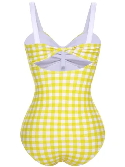 Sale Retro Stage 1950s Plaid Strap Pleated Swimsuit Yellow