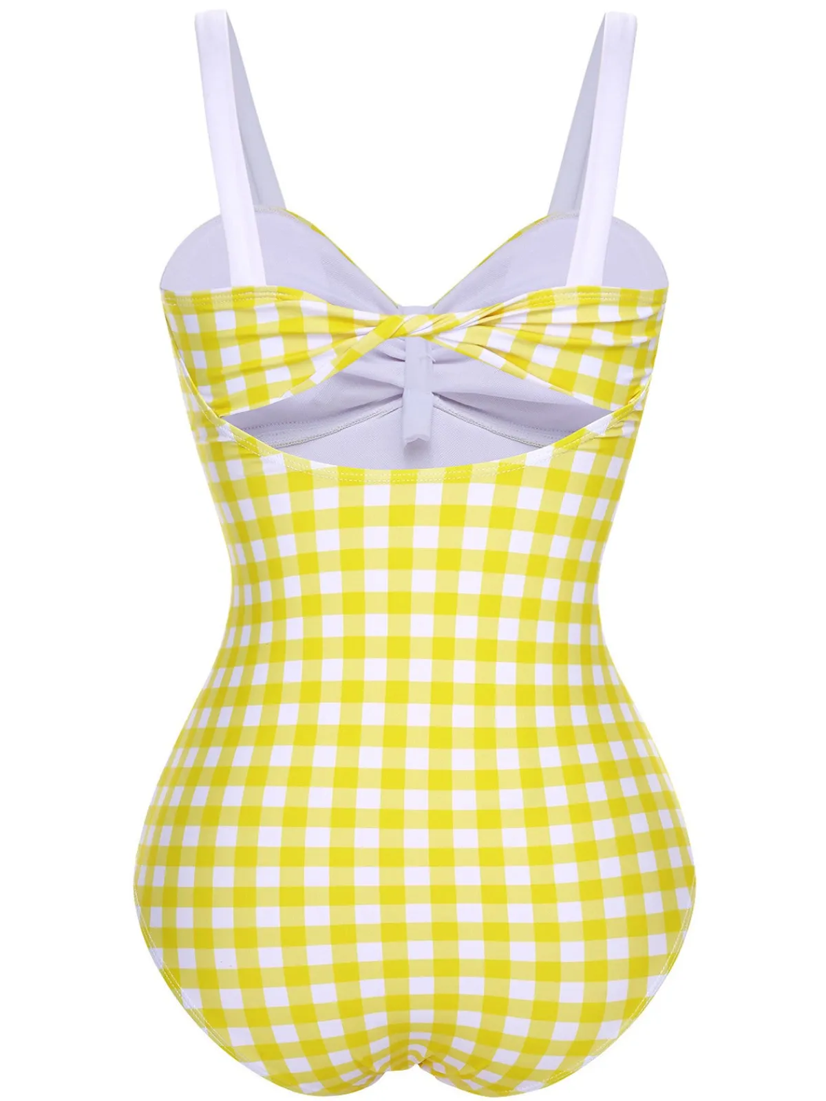 Sale Retro Stage 1950s Plaid Strap Pleated Swimsuit Yellow