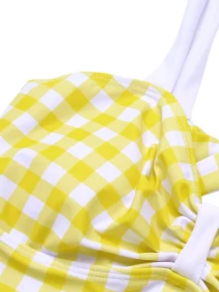 Sale Retro Stage 1950s Plaid Strap Pleated Swimsuit Yellow