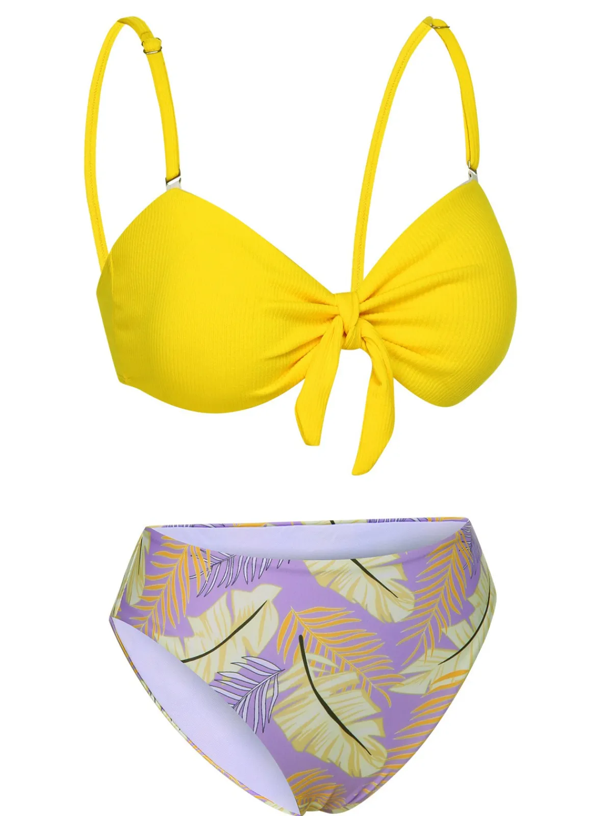 Outlet Retro Stage Yellow 1960s Plant Prints Halter Bow Swimsuit Yellow & Purple