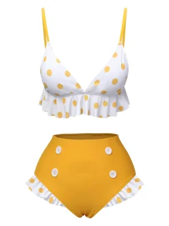 Sale Retro Stage 1940s Polka Dot Ruffle Swimsuit Yellow