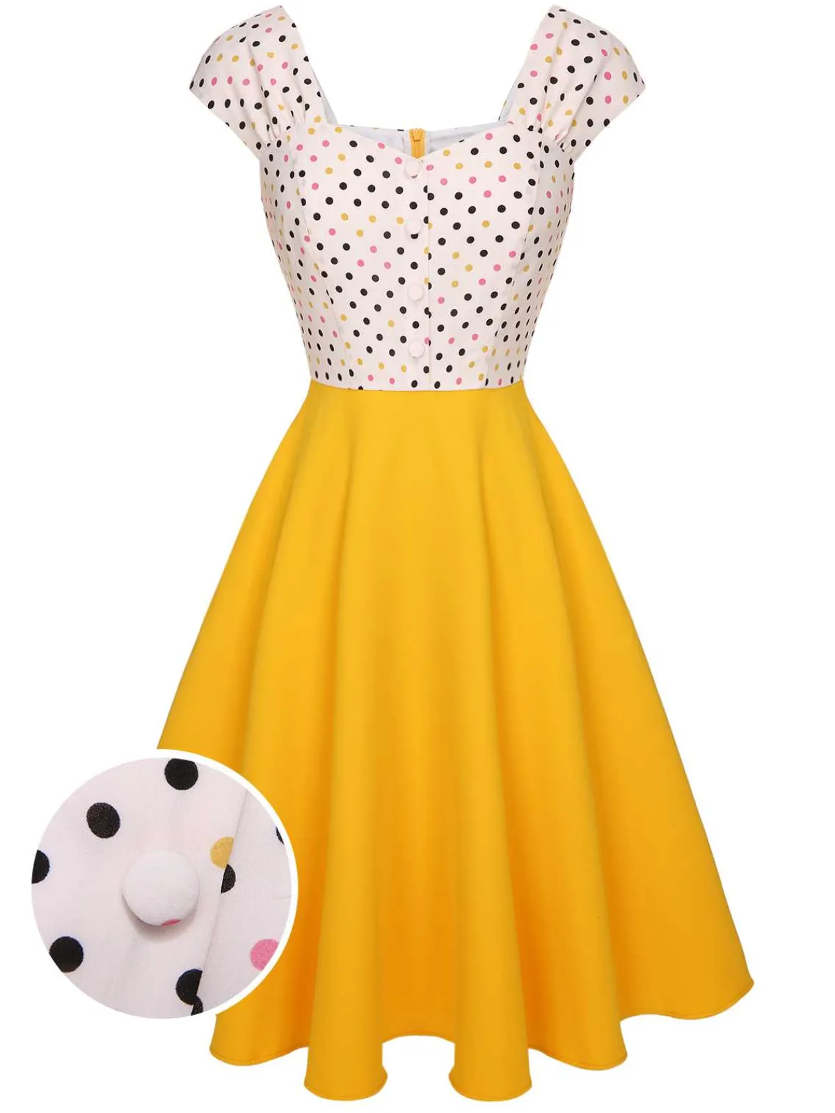 Discount Retro Stage 1950s Polka Dots Button Dress Yellow