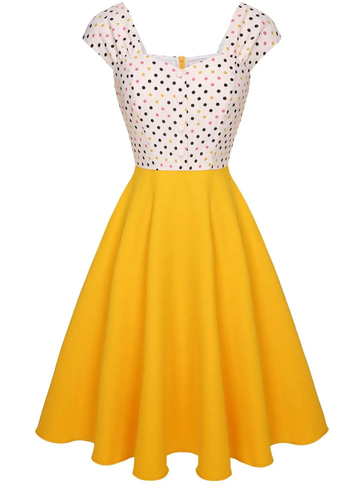 Discount Retro Stage 1950s Polka Dots Button Dress Yellow