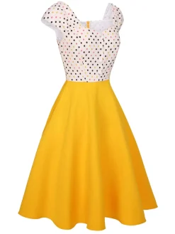 Discount Retro Stage 1950s Polka Dots Button Dress Yellow