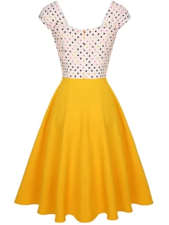 Discount Retro Stage 1950s Polka Dots Button Dress Yellow