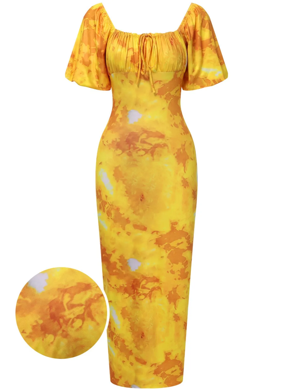Outlet Retro Stage 1930s Puff Sleeves Square Neck Dress Yellow