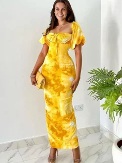 Outlet Retro Stage 1930s Puff Sleeves Square Neck Dress Yellow