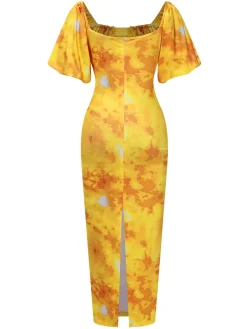 Outlet Retro Stage 1930s Puff Sleeves Square Neck Dress Yellow