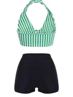 Best Retro Stage Yellow 1950s Retro Halter Stripes Bikini Set