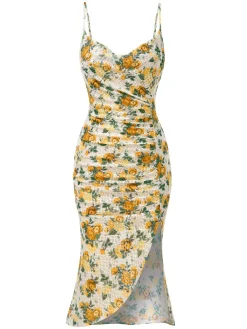 Discount Retro Stage 1930s Roses Cowl Neck Fishtail Ruched Dress Yellow