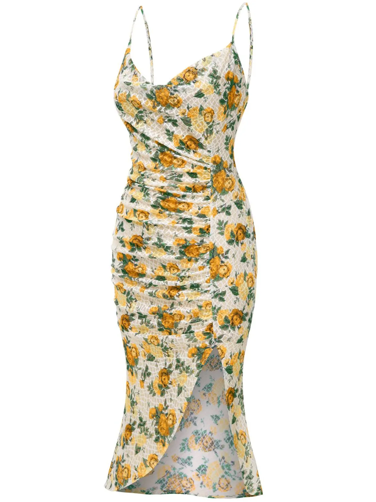Discount Retro Stage 1930s Roses Cowl Neck Fishtail Ruched Dress Yellow