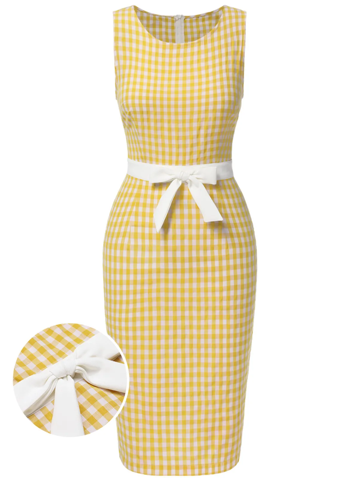 Best Retro Stage 1960s Round Neck Gingham Bow Sleeveless Dress Yellow